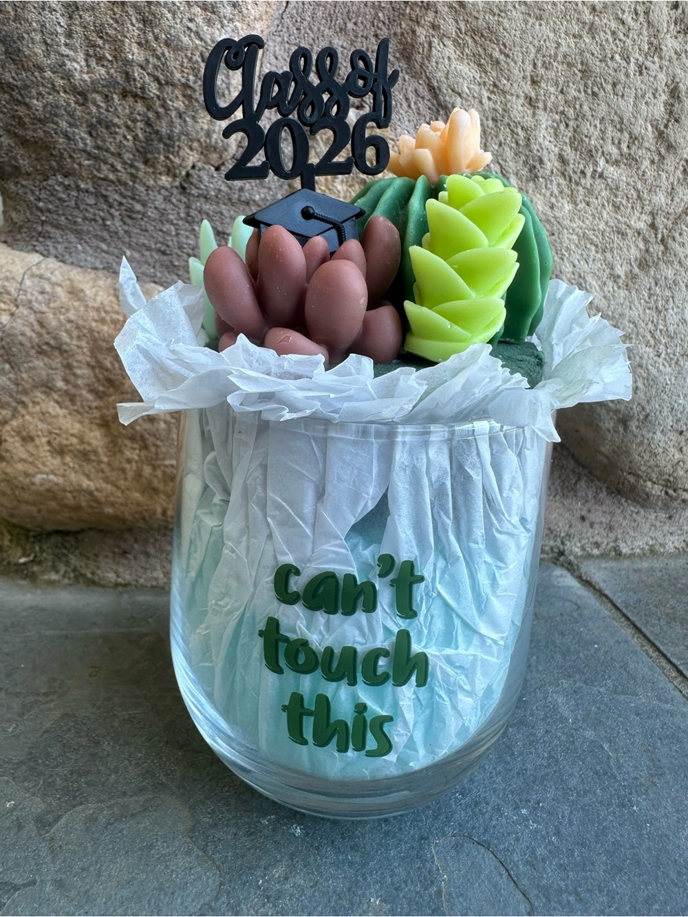 Class of 2026 Succulent wax Bouquet in a cactus wine glass